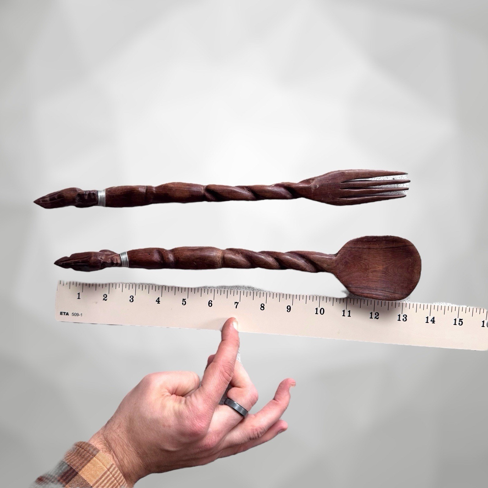 Vintage African Hand-Carved Wooden Large Spoon & Fork Set 14" Tribal Decor