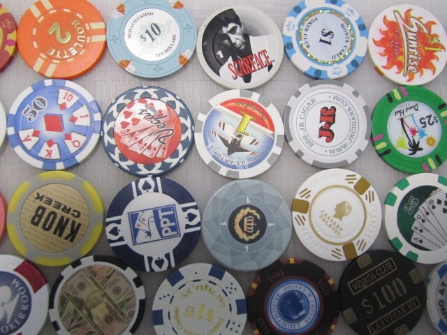 33 Casino Gaming Poker Chip Lot Las Vegas $1 New & Used Chipco Paulson Clay room