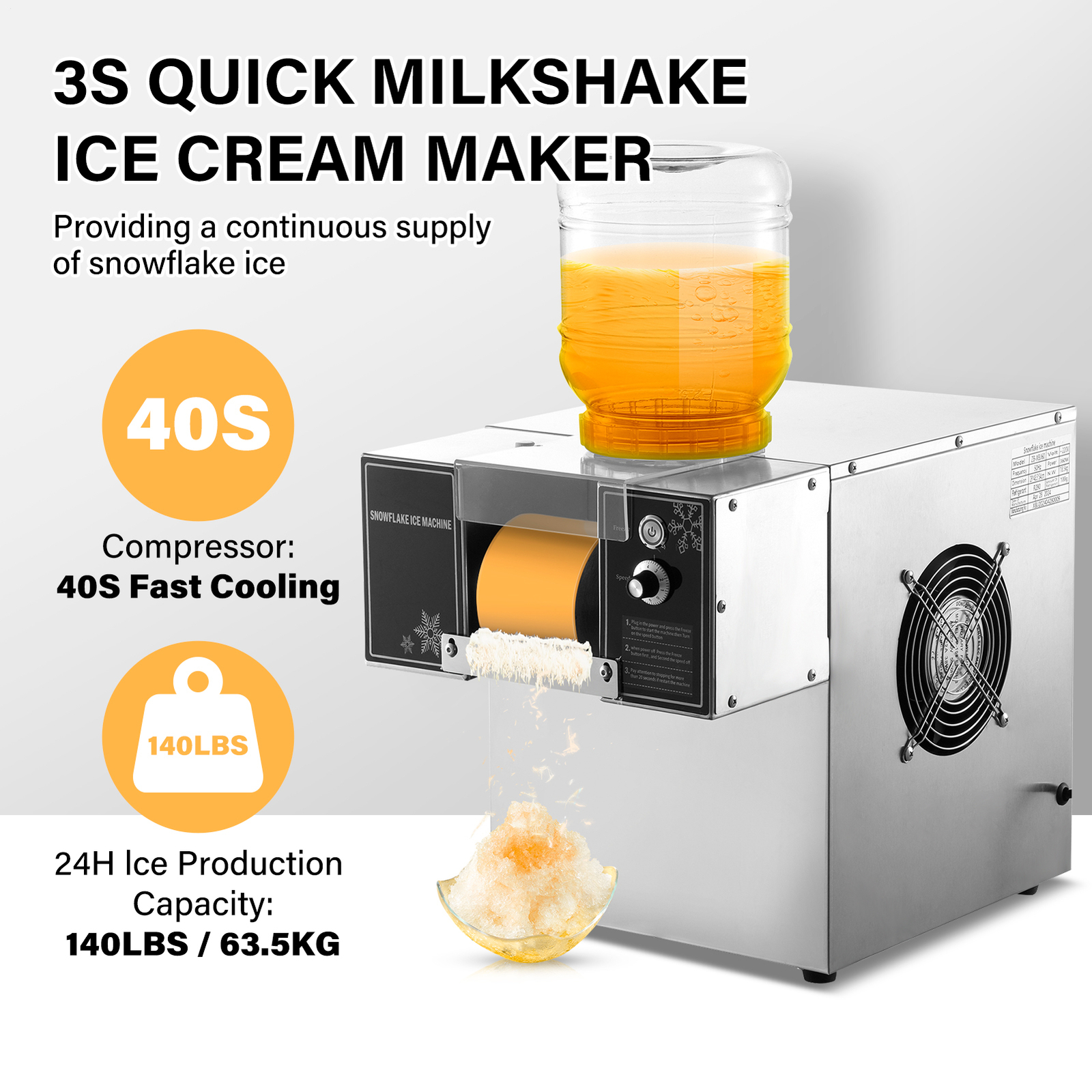 Commercial Snowflake Ice Machine 140LBS/24H Ice Shaver Snow Cone for Ice Cream-