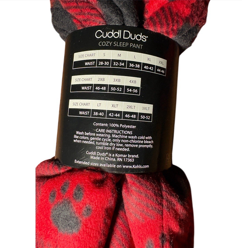 Cuddl Duds Sleep Pants Men XL Red Black Buffalo Plaid Bear Fleece Cozy Pajamas