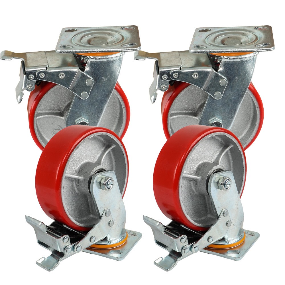 4 Pack 6 Inch Swivel Plate Total Lock Brake Heavy Duty Red Caster Wheels