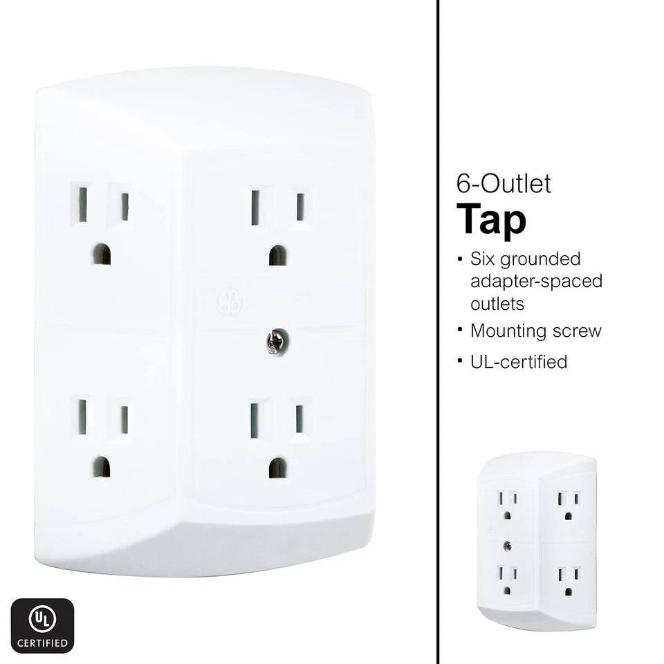 6-Outlet Extender, 2 Pack, Grounded Wall Tap, Adapter Spaced Outlet