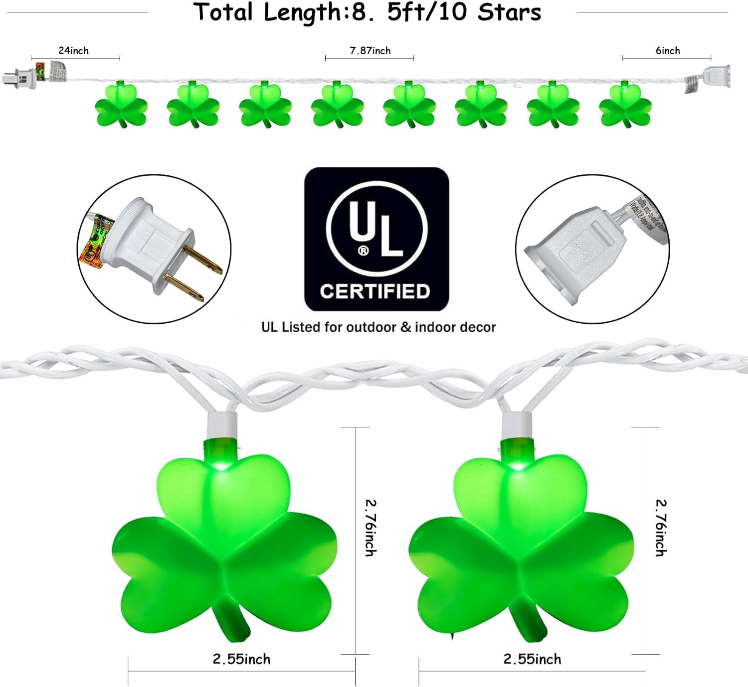 St. Patrick's Day 8.5ft Waterproof Shamrock LED Lights for Outdoor Decor