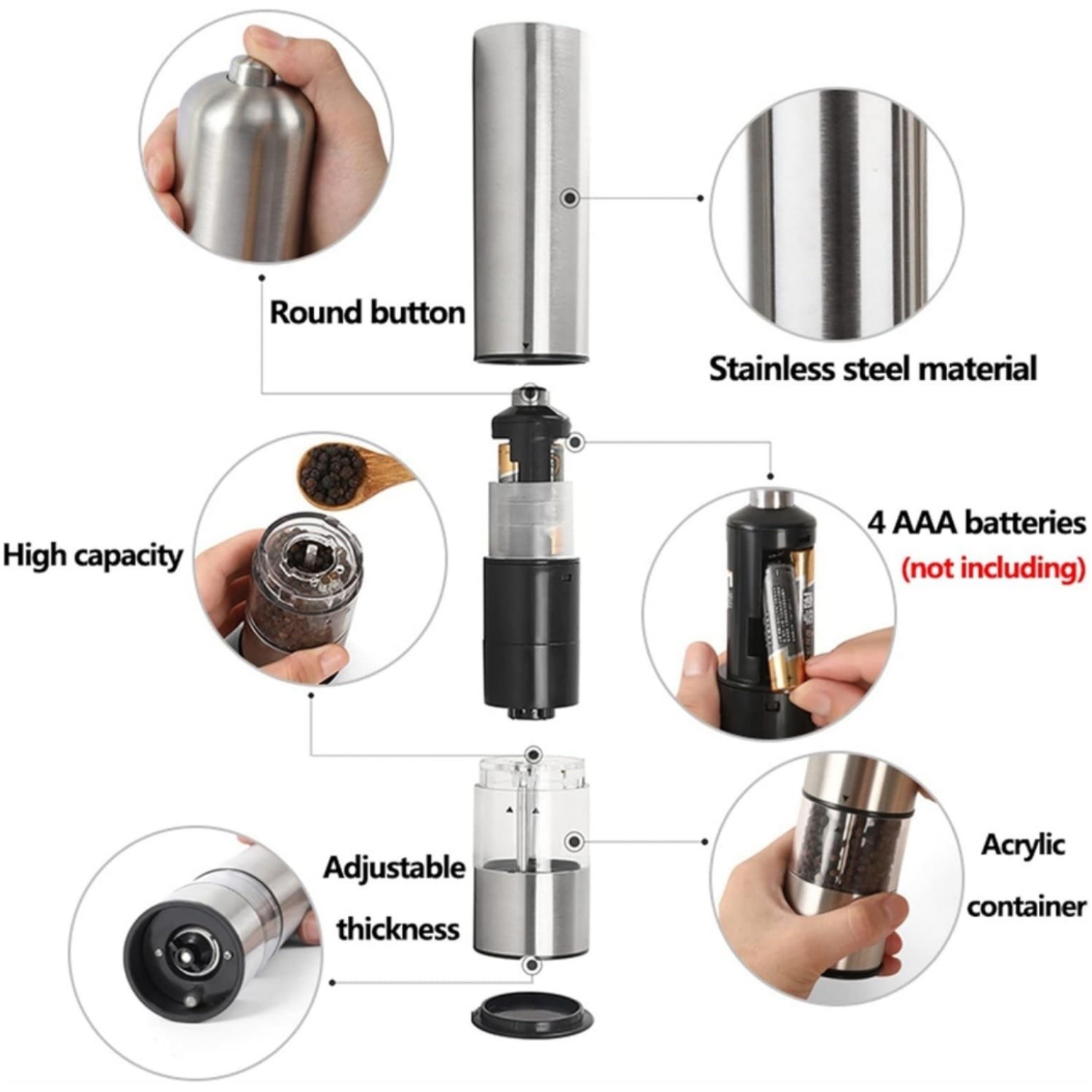 2x Electric Pepper Mill Salt And Pepper Grinder Stainless Steel One Touch Button