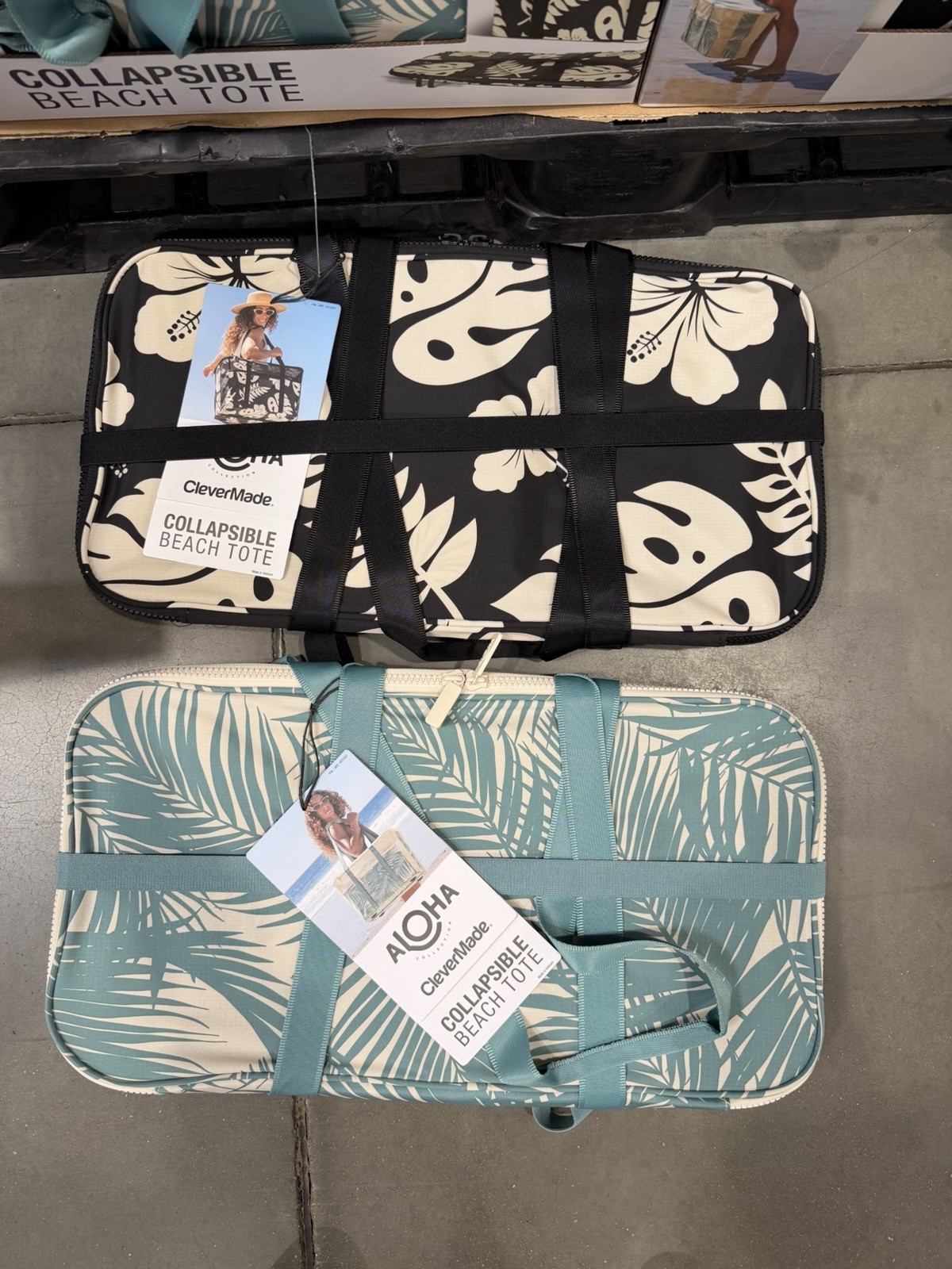 2 Aloha Collapsable Beach Tote Hawaii Floral Grocery Tote Costco - Green & Black