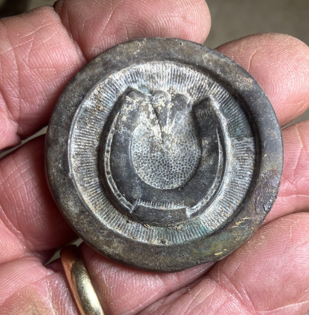 Neat old horseshoe lead-filled brass bridle rosette-New Mexico detecting find
