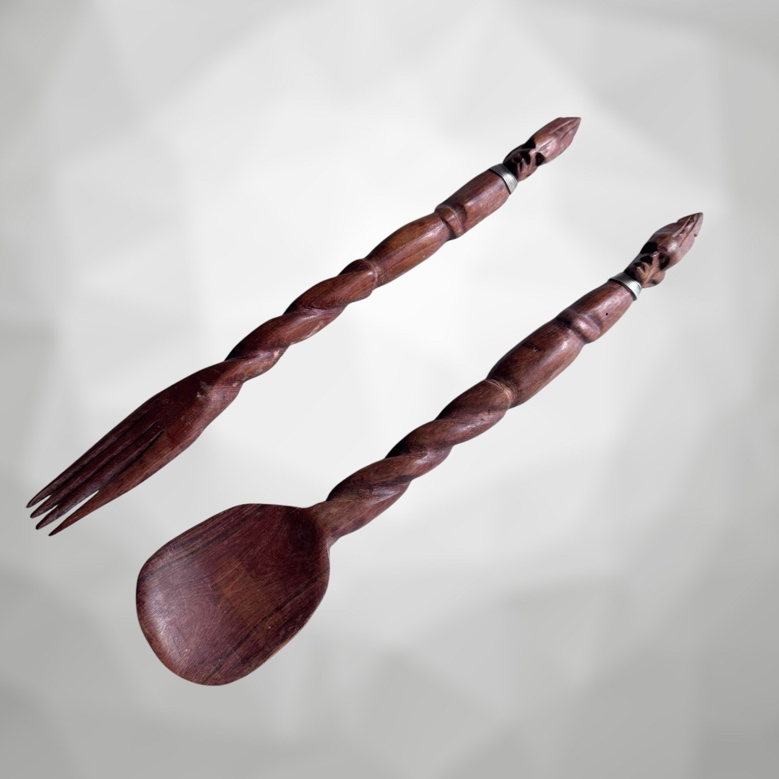 Vintage African Hand-Carved Wooden Large Spoon & Fork Set 14" Tribal Decor