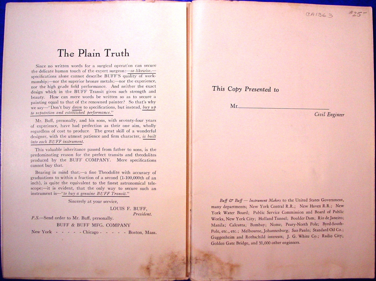 1935 Buff & Buff Surveying Insts. Catalog