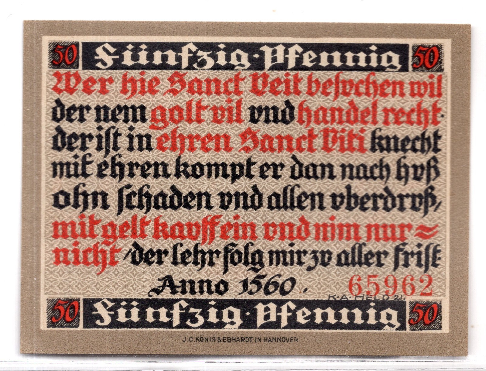 1921 Germany Hoxter Notgeld 50 Pfennig Note (3965)