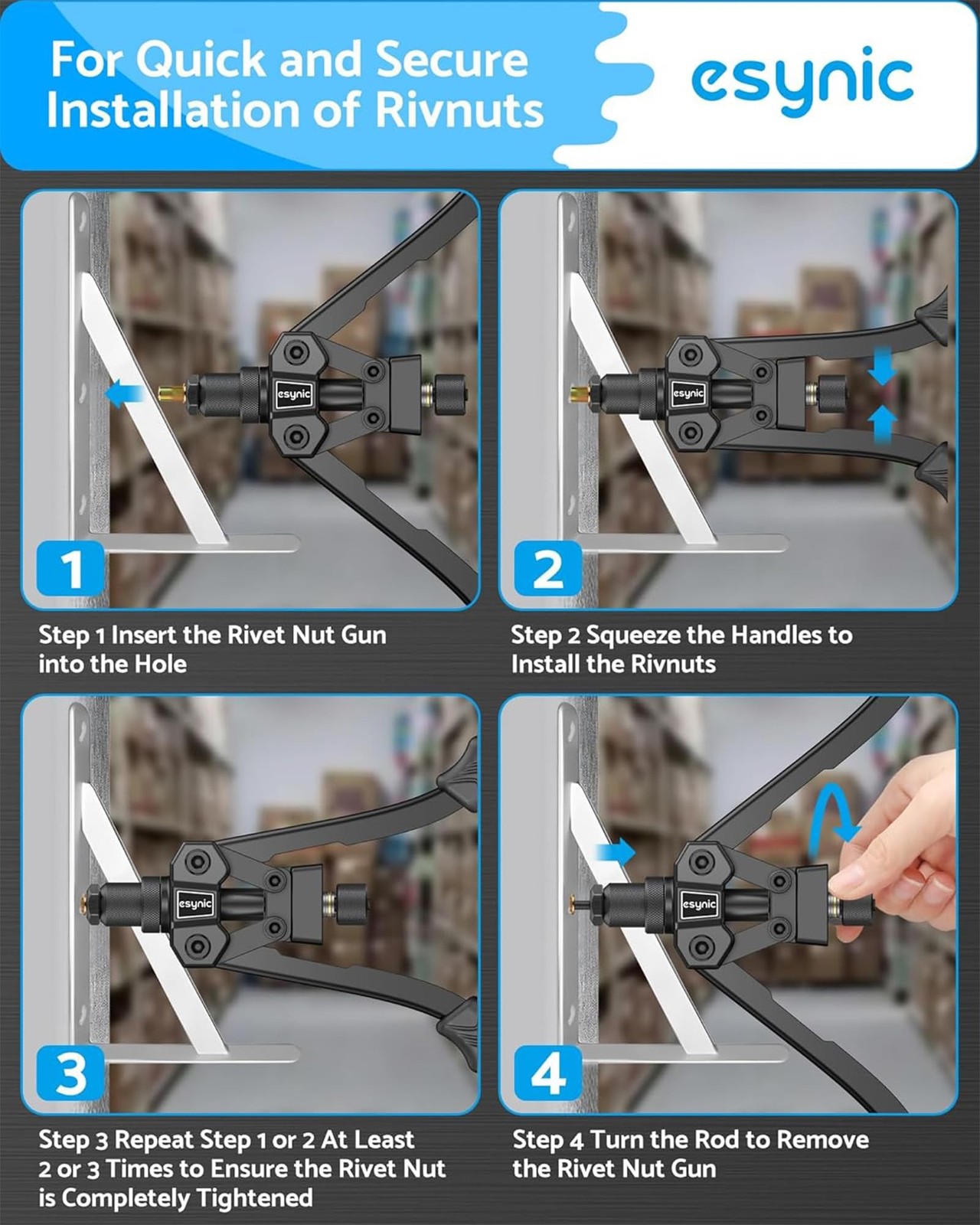 eSynic Durable Rivet Nut Gun Tool High Efficiency Rivnut Gun Kit with 3 Size ...