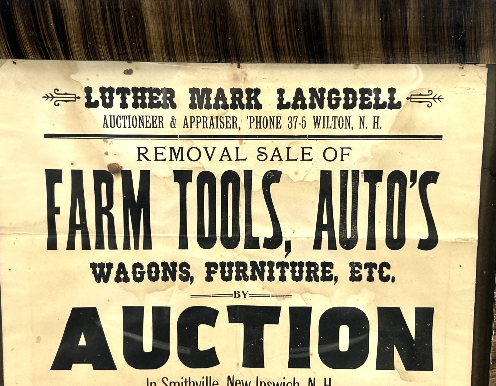 Antique Circa 1912 NEW HAMPSHIRE Auction Advertising Poster Tiger Striped Frame