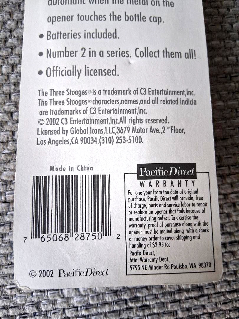 SEALED 2002, The Three Stooges Talking Beer Bottle Opener NIP (works)