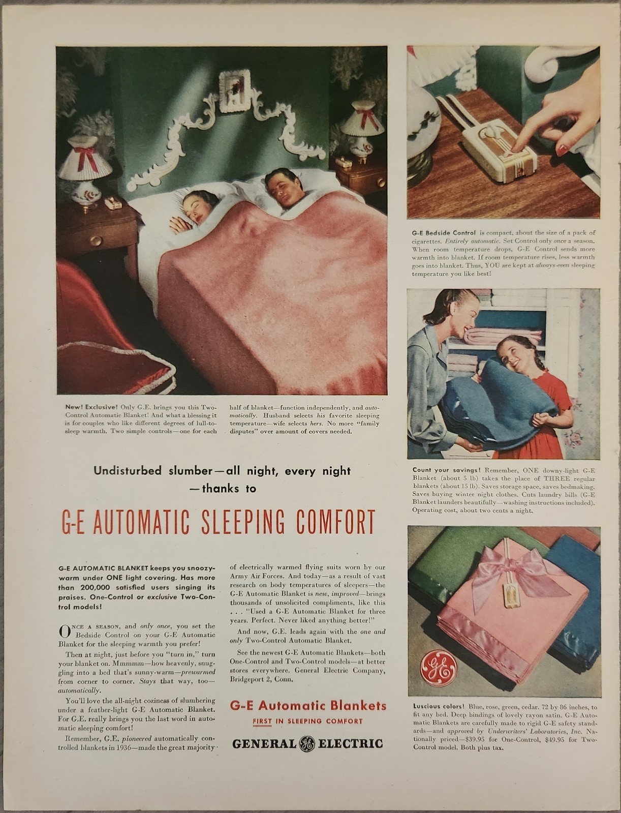 1947 General Electric Automatic Blanket Vintage Ad undisturbed slumber