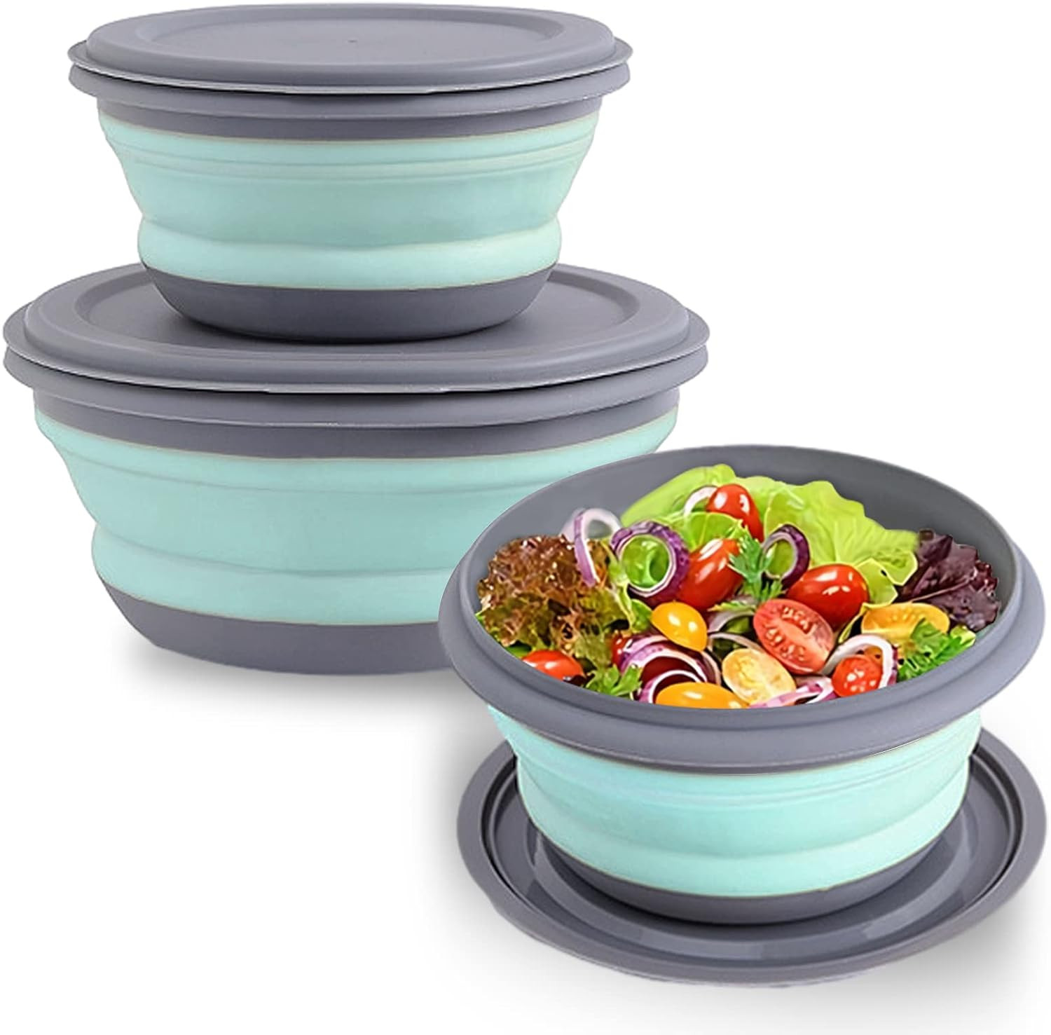 Collapsible Bowls, 3Pcs Food Grade Silicone Camping Bowl Salad Bowl with Lids, P