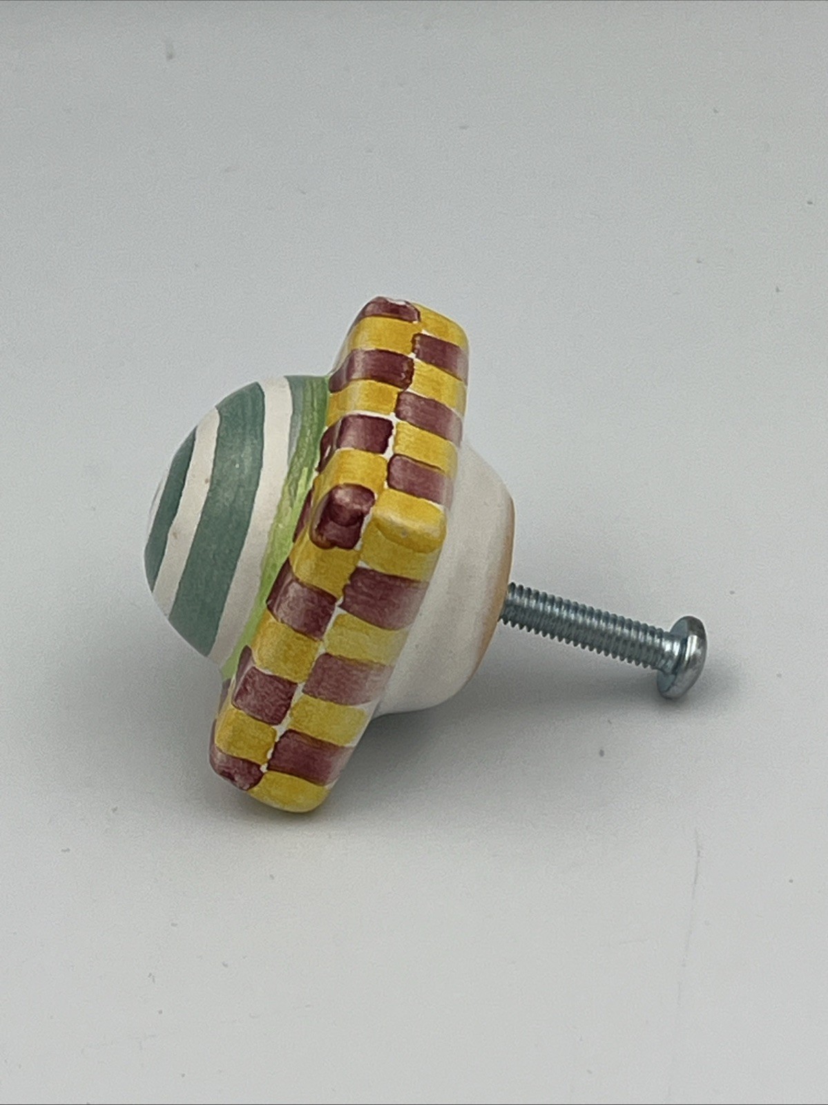 Mackenzie Childs 1.5” Petite Pink Yellow Check Green Swirl Square Knob Pull