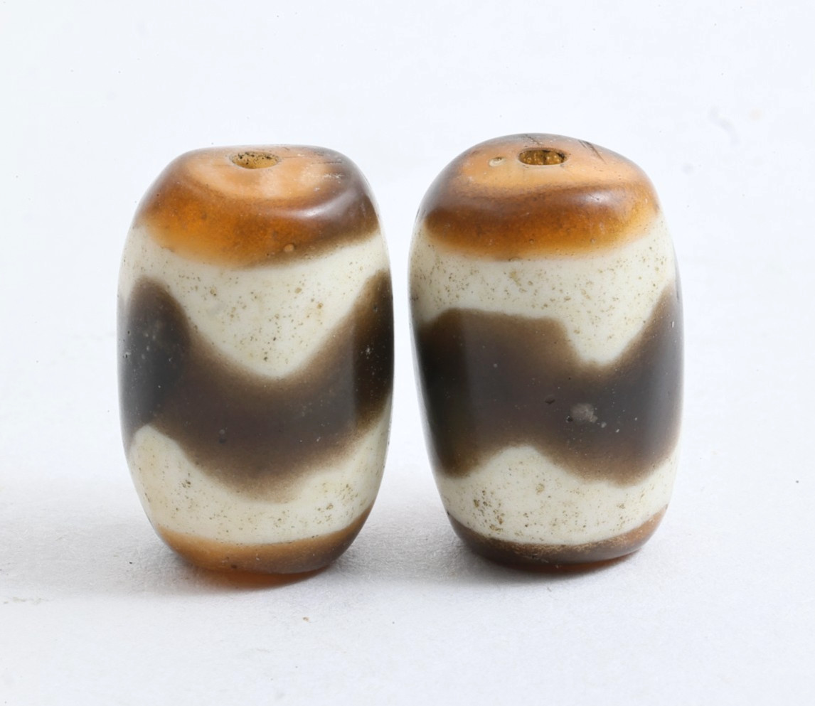 Late Qing Tibetan Glass Beads Pair – Tiger Tooth Dzi (Huya Tianzhu) Style (Z)