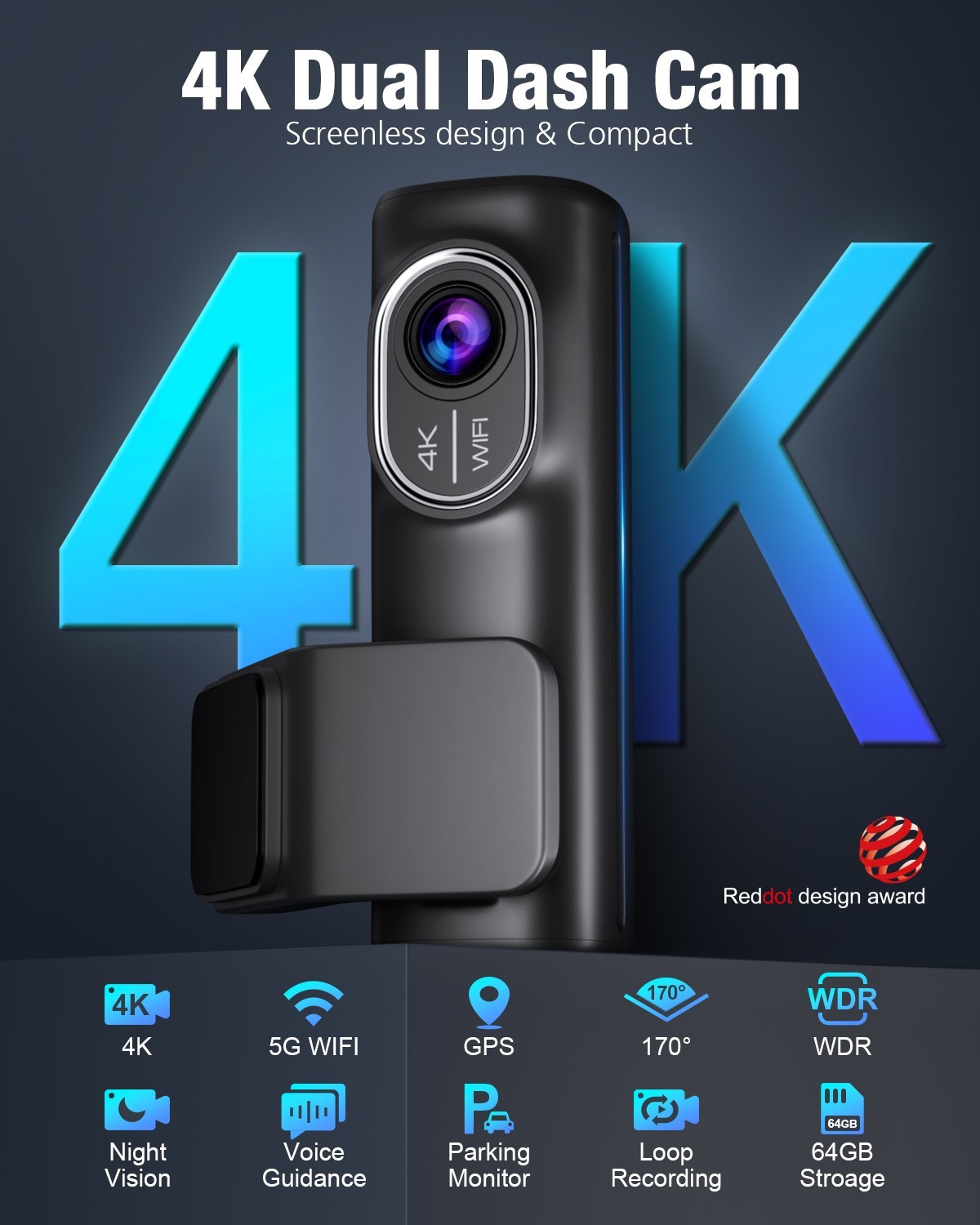 4K Dash Cam Front and Rear Dash Camera Car DVR WiFi APP GPS with 64GB Card