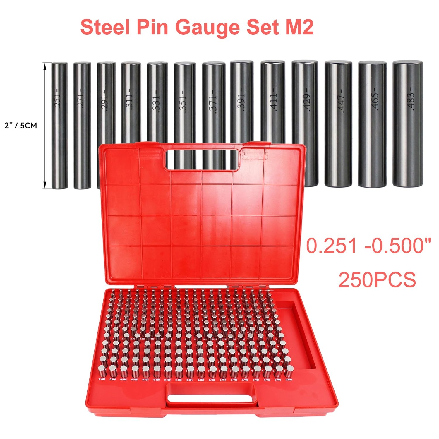 250 Pc M2 .251-0.500'' Steel Plug Pin Gage Set Minus Plus Pin Gauges Metal Gage