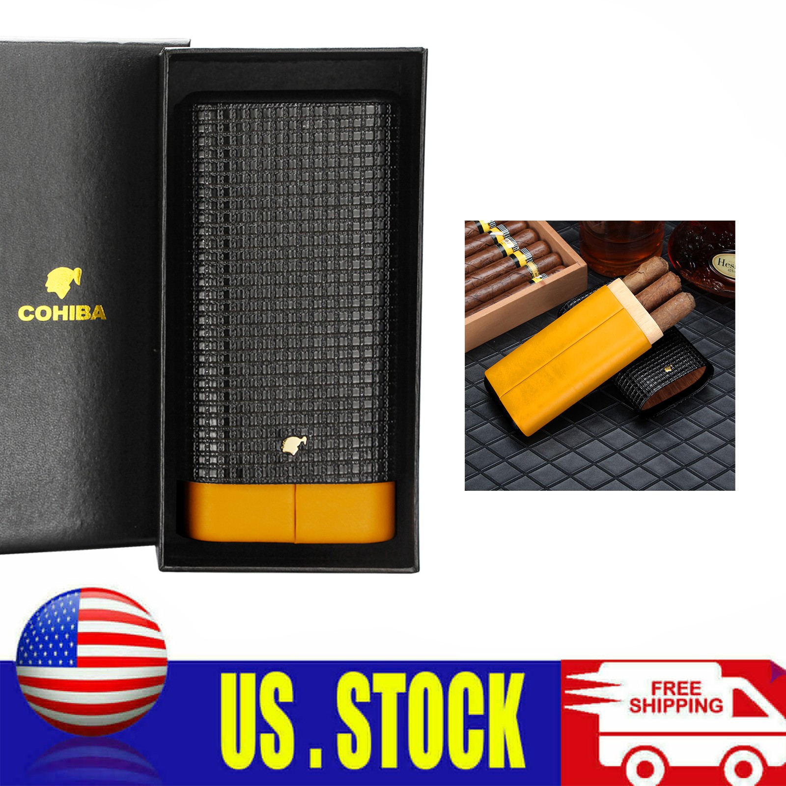 Leather Cedar Wood Cigar Case Portable Humidor 3 Cigars Tubes Yellow Box Gift