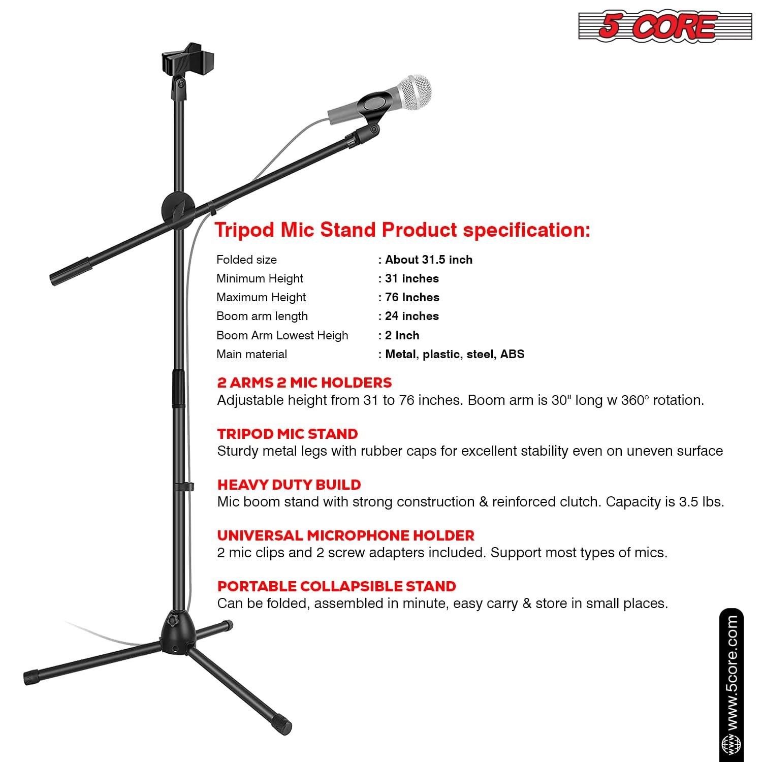 Black 5Core Tripod Mic Stand Adjustable Heavy Duty