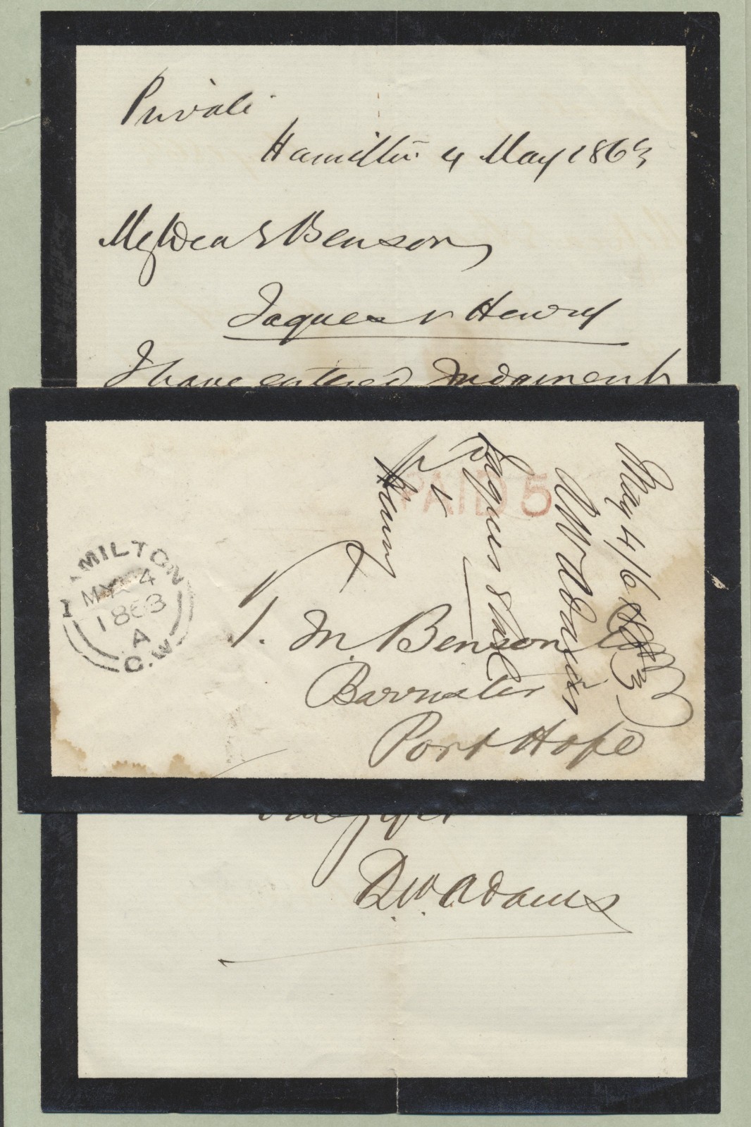 1863 Stampless Mourning Cover with Letter Hamilton CW to Port Hope 'PAID 5'