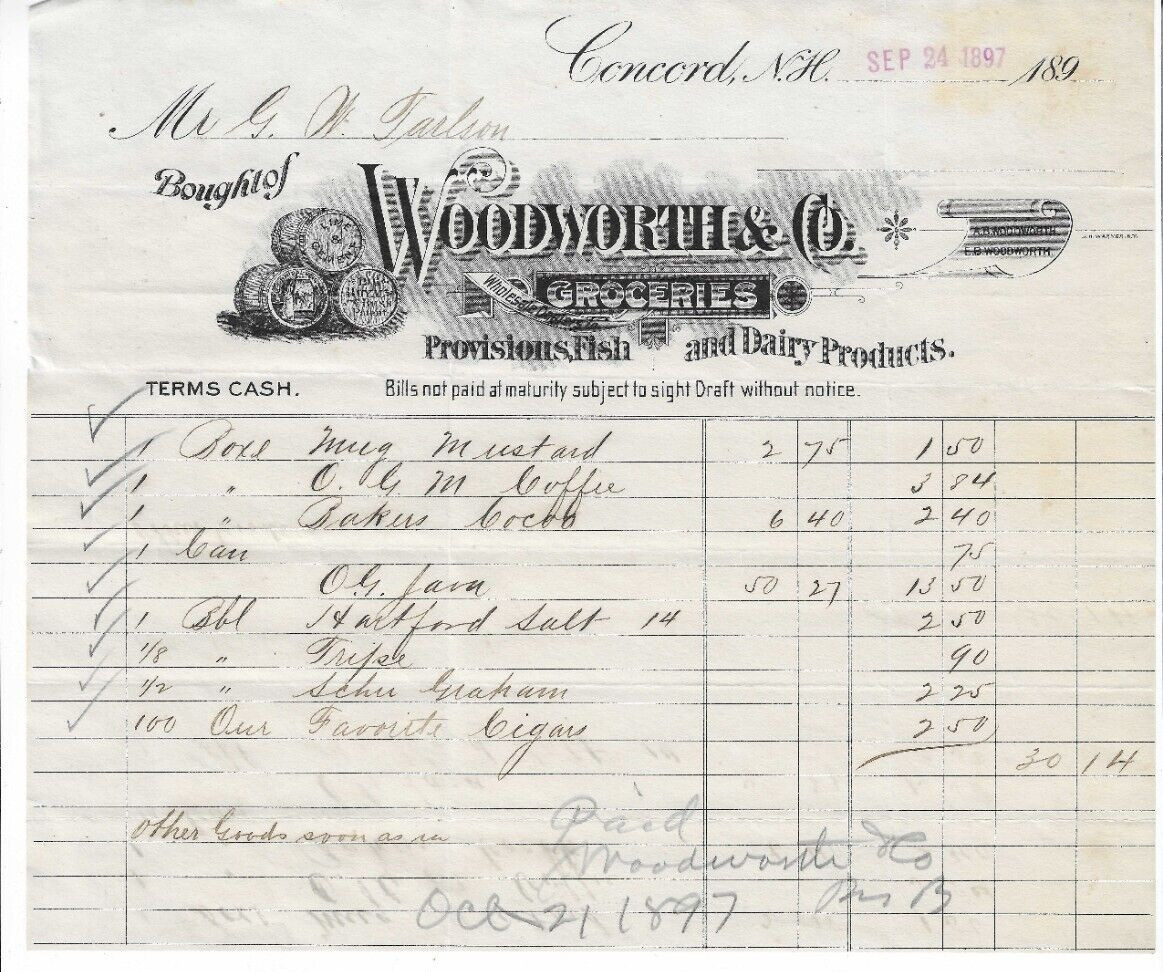 1897 Receipt, Woodworth & Co., Groceries, Provisions, Concord, New Hampshire