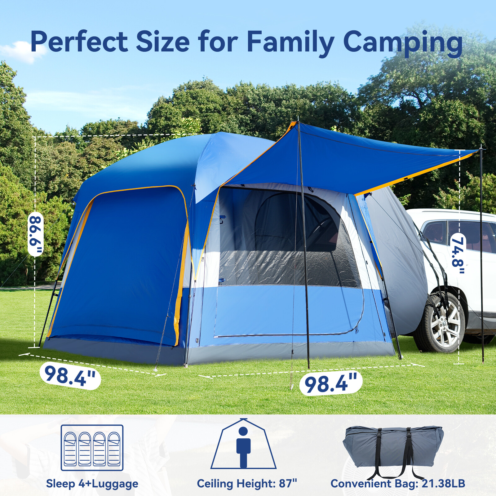 NAIZEA SUV Tent for Camping, 6-Person Car Tent 8.2'*8.2'*87in(H) With 2 Porchs