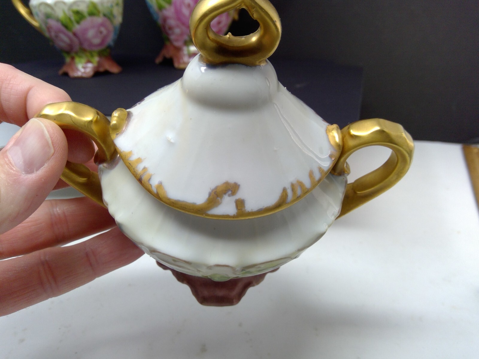 Vintage Gand Painted Roses Coffee Pot Creamer & Sugar Set