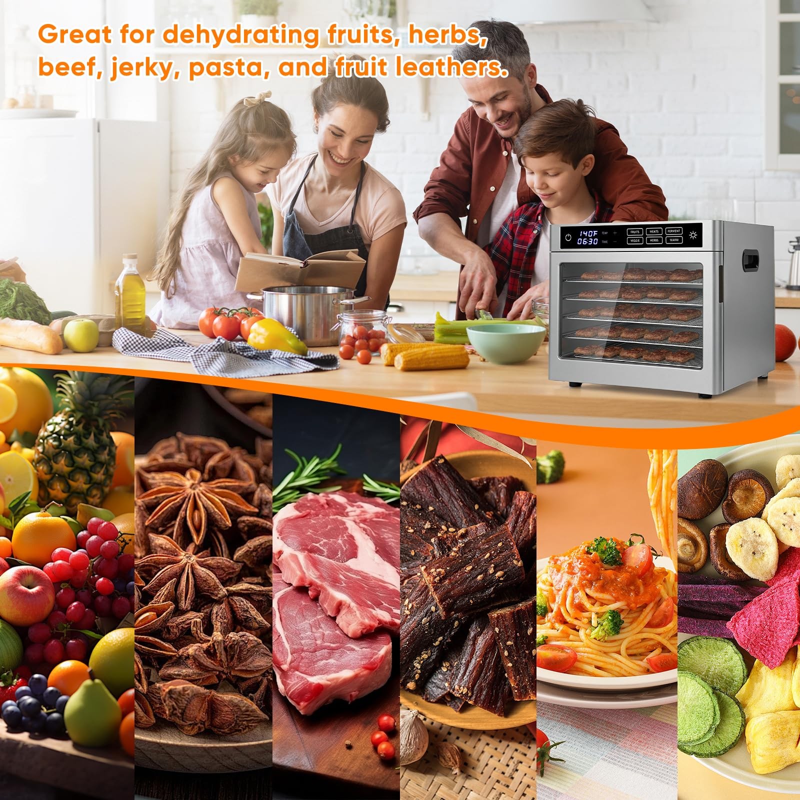 6-Tray Stainless Steel Food Dehydrator, 500W Commercial Meat Jerky Maker with...