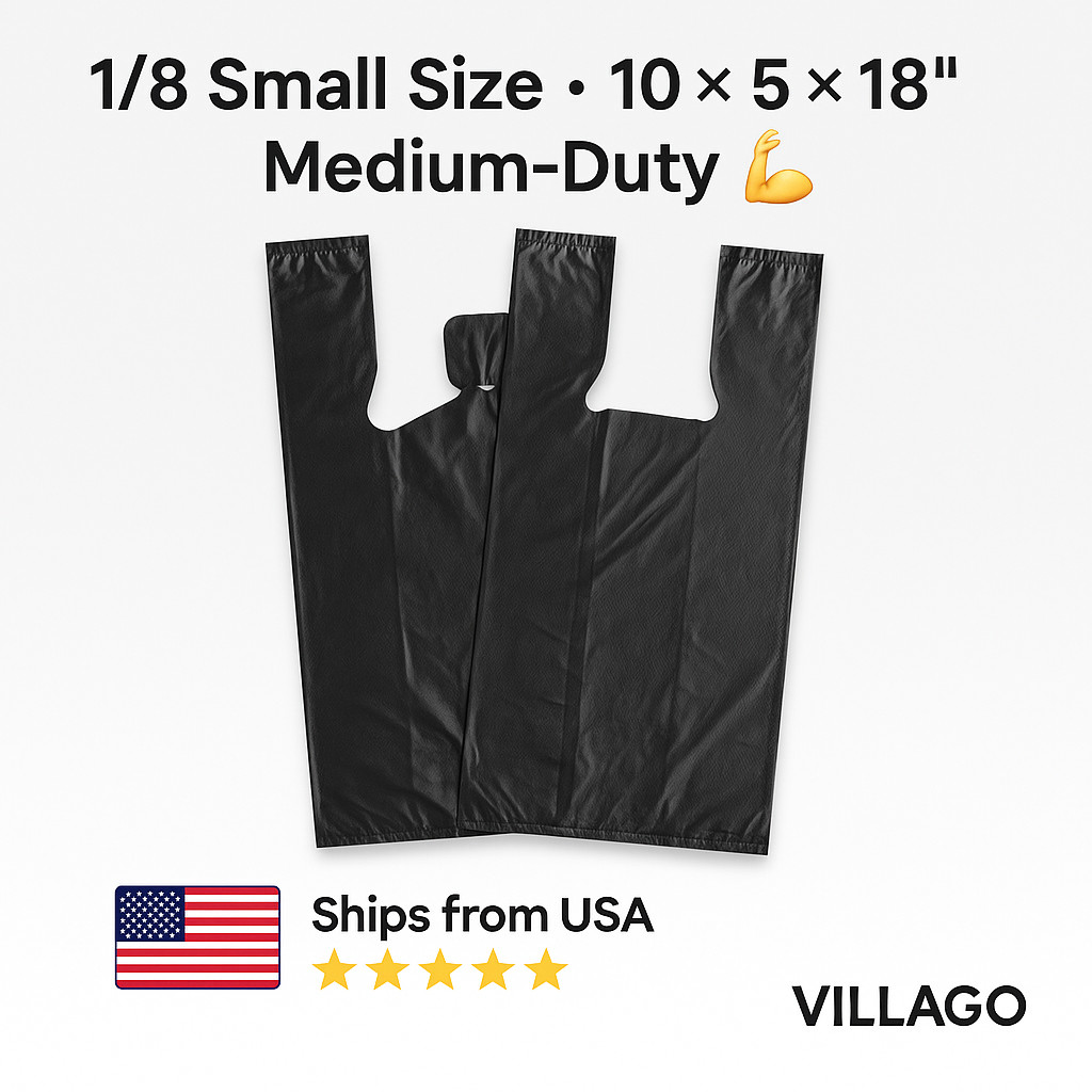 1/8 Small Black T-Shirt Bags 10x5x18 Embossed HDPE 0.63 Mil Unprinted Retail Use