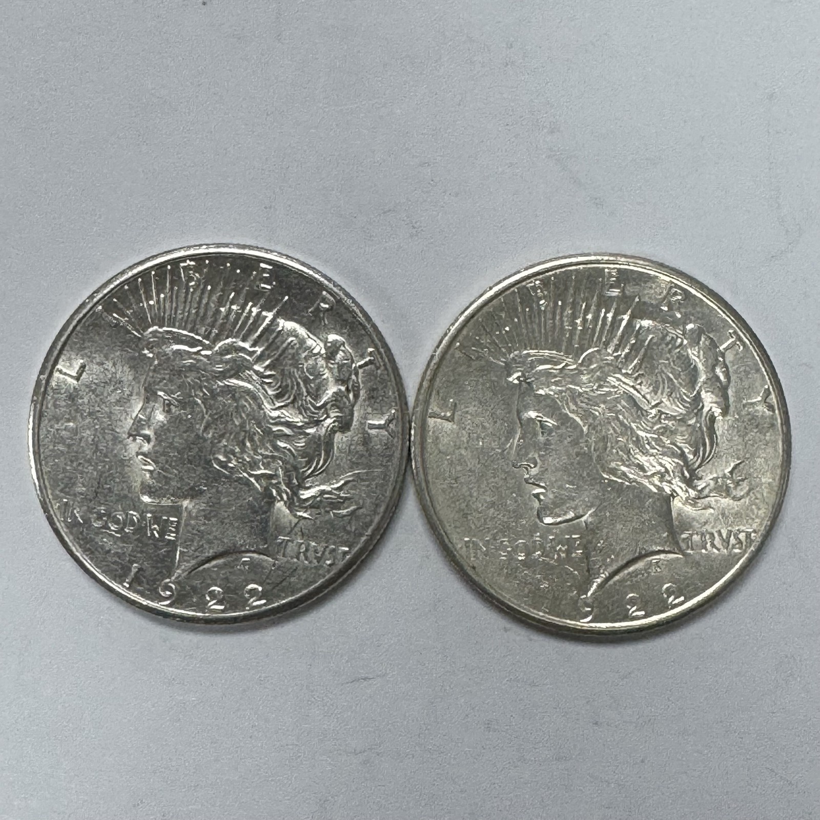 Lot of 2 1922 Peace Silver Dollars $1 US 90% Silver Coins