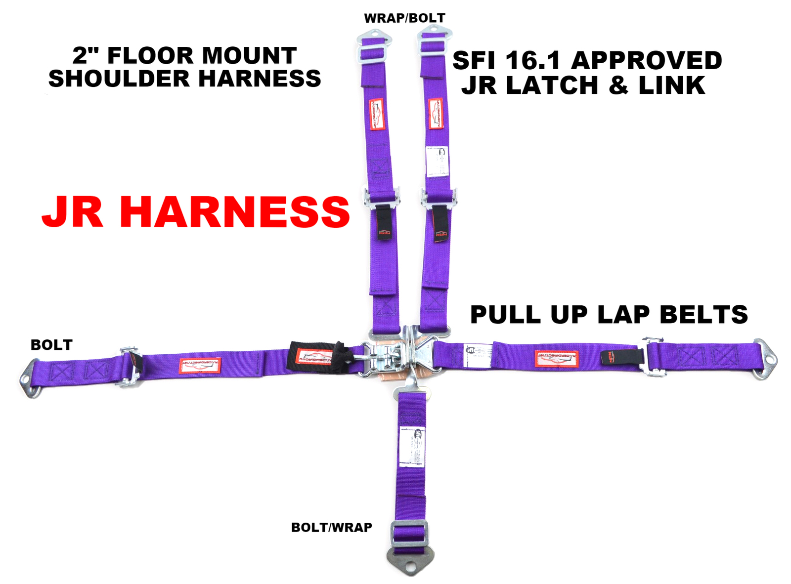 JUNIOR DRAGSTER 2" RACING HARNESS SFI 16.1 VERIFIED 5 POINT FLOOR MOUNT PURPLE