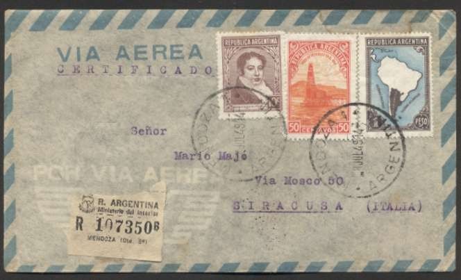 1949 Argentina To Italy Siracusa Airmail Register Cover With 3 Colour Stamps