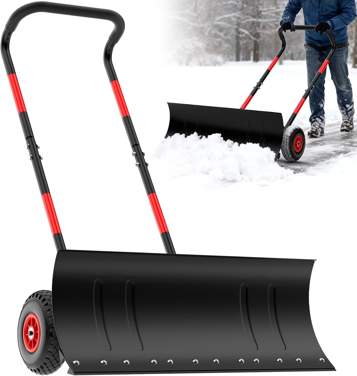 Snow Shovel with Wheels,Heavy Duty Steel Snow Shovel Pusher for Driveways,Sidewa