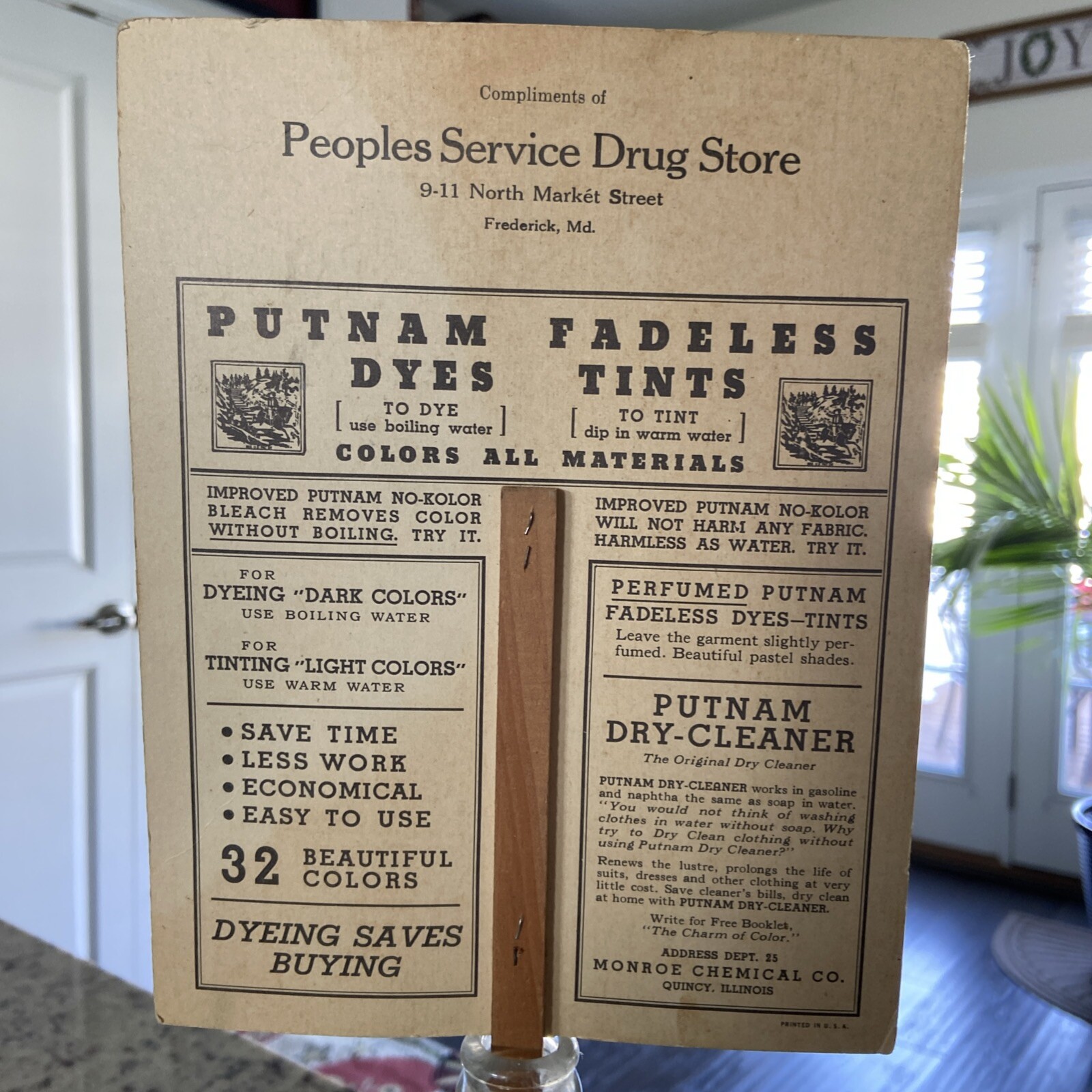 Antique Putnam Dyes Store Fan Sign 1920s Frederick MD Peoples Drug 9 N Market St