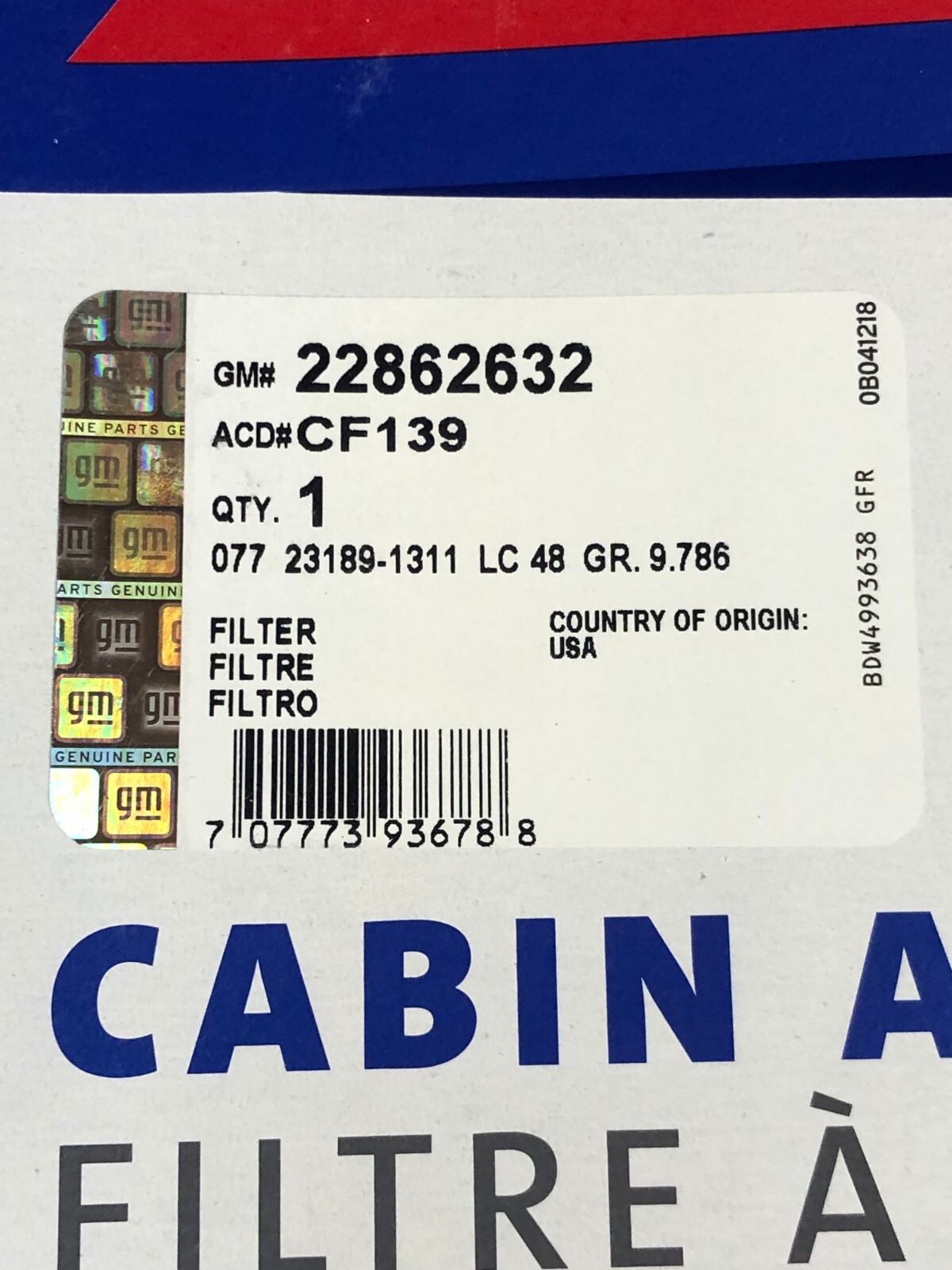 ACDELCO GM CF139 OEM CABIN AIR FILTER FOR 2005-2019 CHEVROLET CORVETTE & Z06