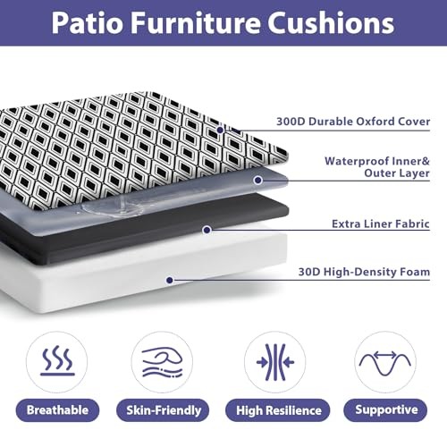 Outdoor Chair Cushions Set of 4,Waterproof 19x19x3-Square Black Geometry