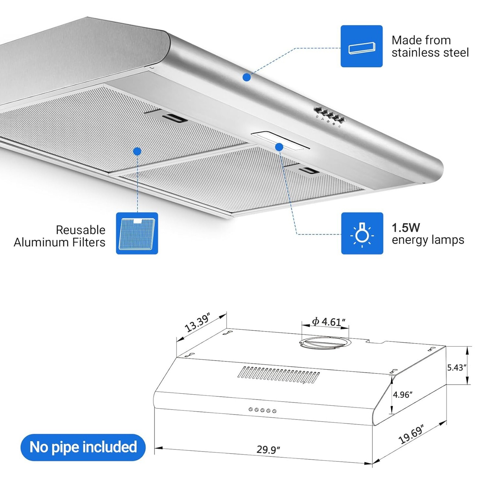 30 inch Under Cabinet Range Hood Ducted/Ductless Stainless Steel 3-Speed Vent