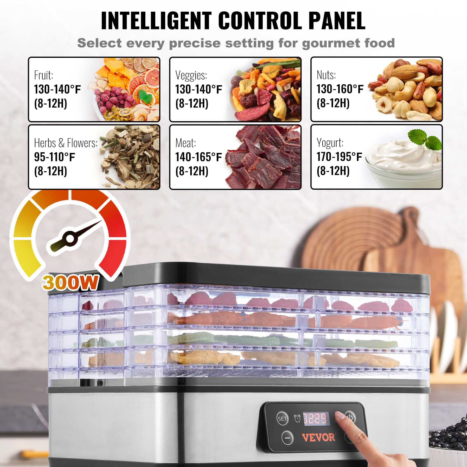 VEVOR 5 Trays Food Dehydrator Machine Adjustable Timer 300W Jerky Fruit Drying