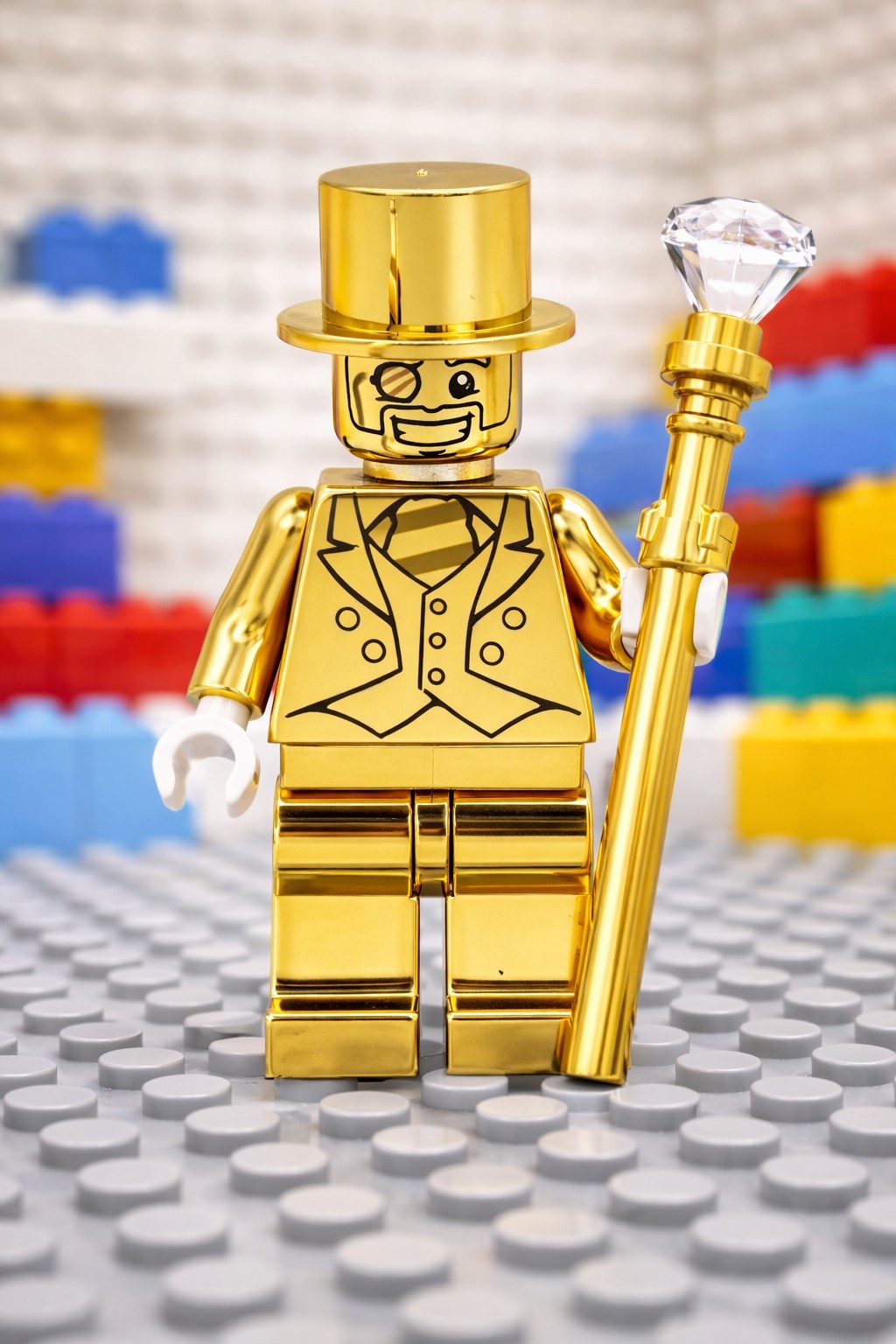 Custom Mr Gold Minifigure with Staff - Shiny Gold Minifig