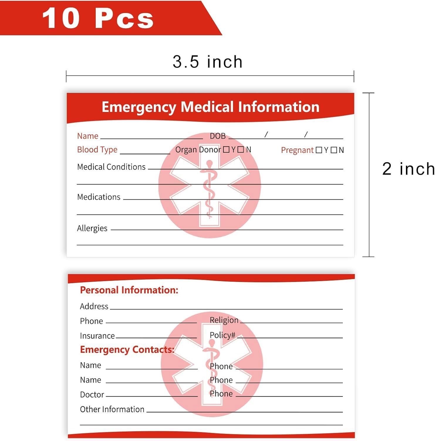 [10 Pack] Emergency Medical Information ID Card Emergency Contact ID Card