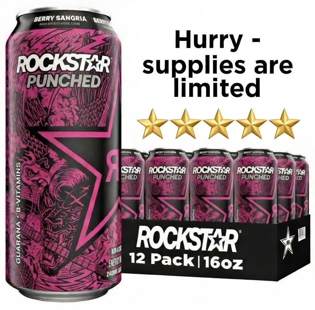 Rockstar Punched Berry Sangria Energy Drink 16oz Cans (12 Pack) 240mg Caffeine