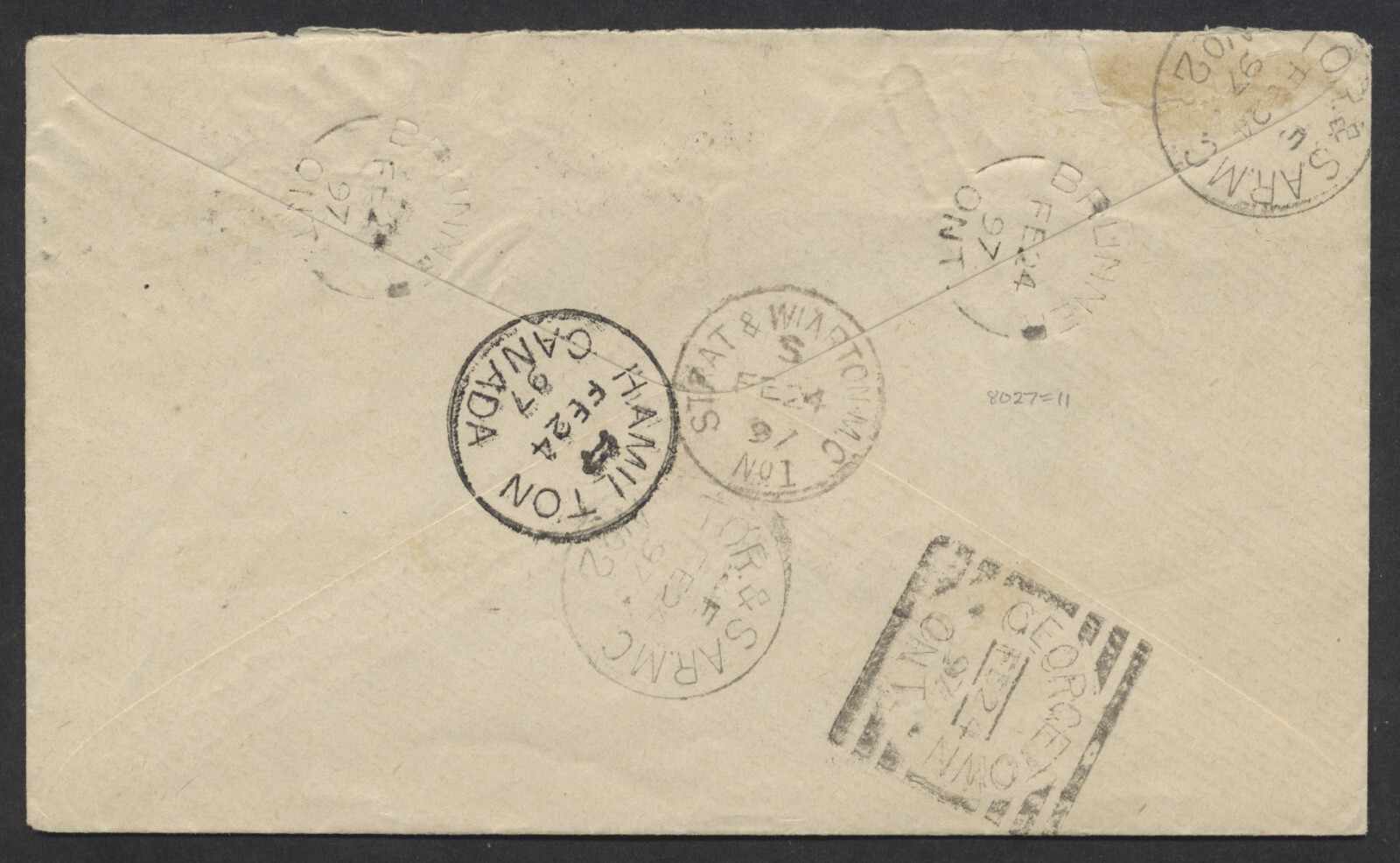 1897 Registered Cover Brunner ONT to Hamilton Georgetown Squared Circle 2 RPOs