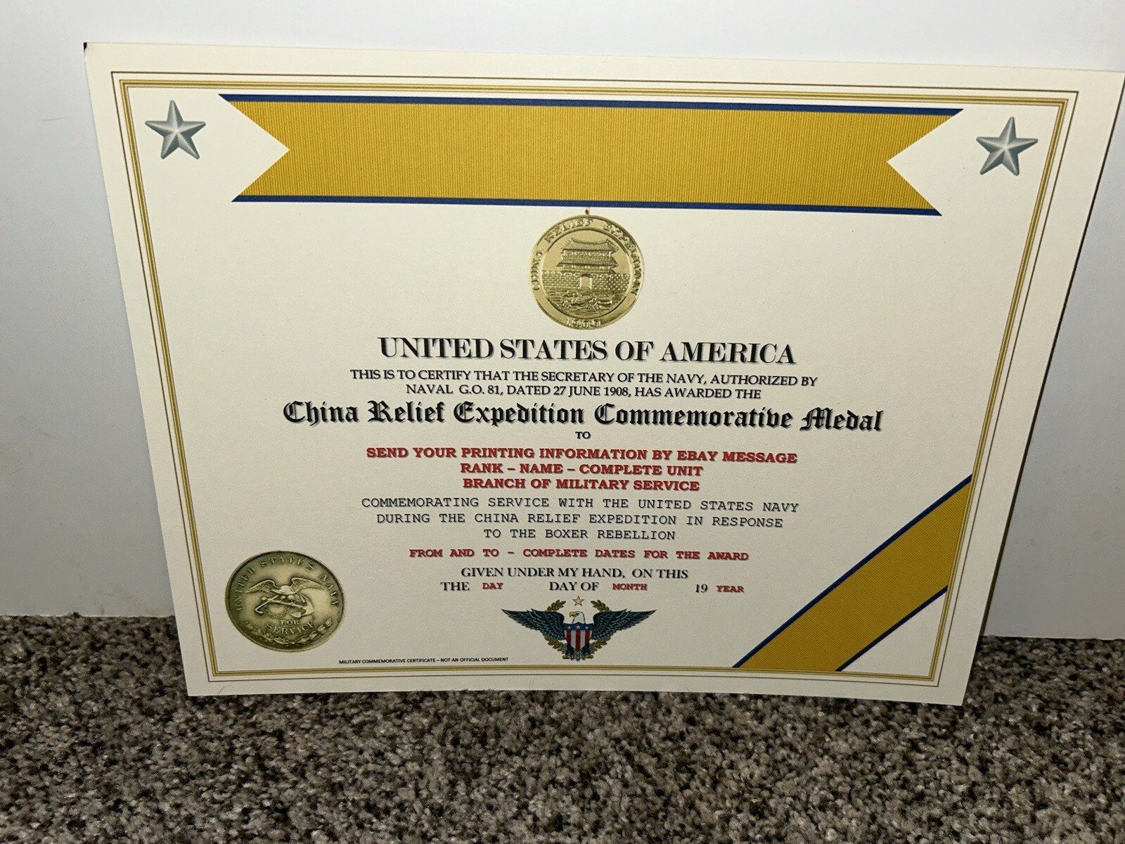 CHINA RELIEF EXPEDITION COMMEMORATIVE MEDAL CERTIFICATE ~ W/PRINTING TYPE-1