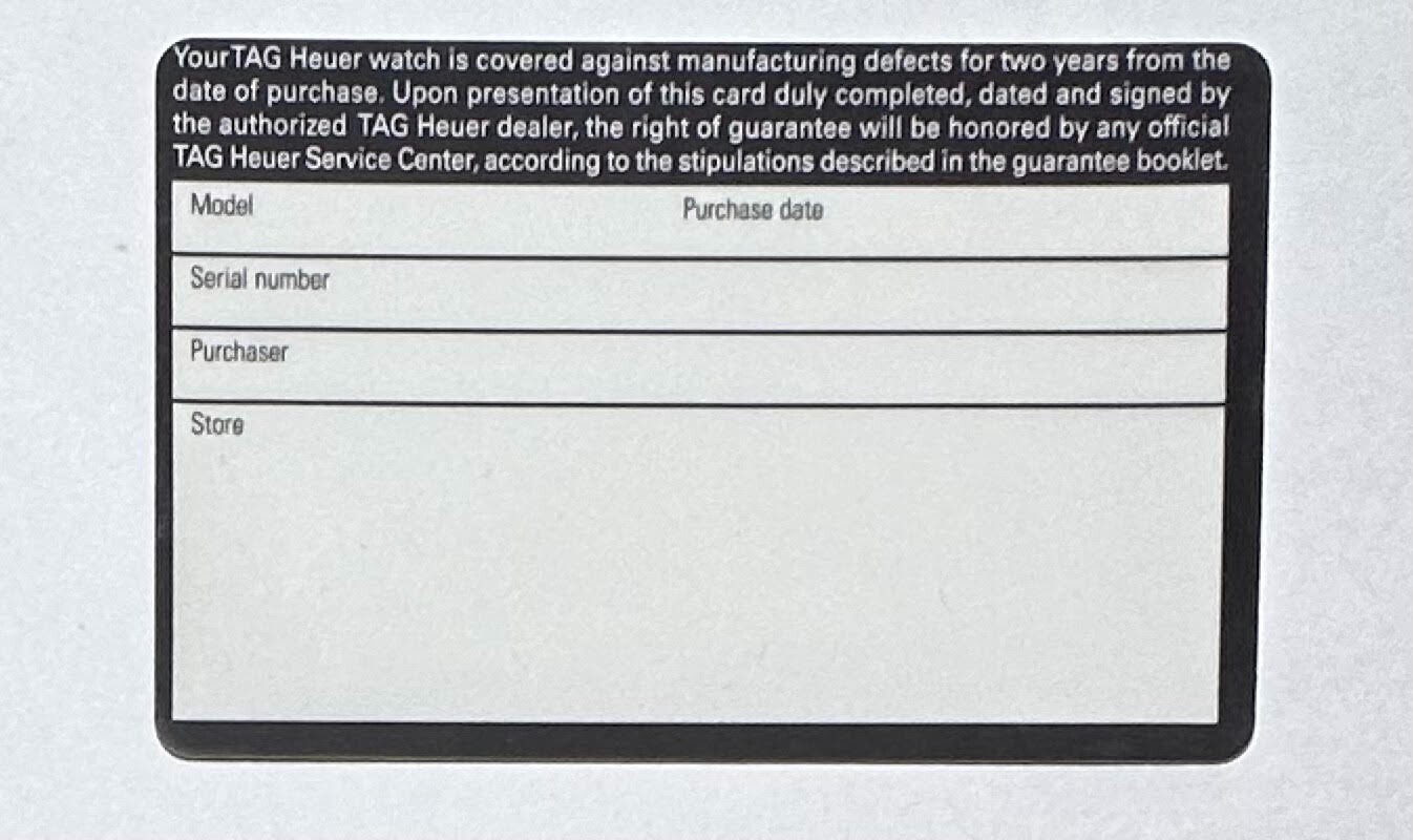 TAG Heuer Empty International Swiss Watch Blank Guarantee Warranty Certificate