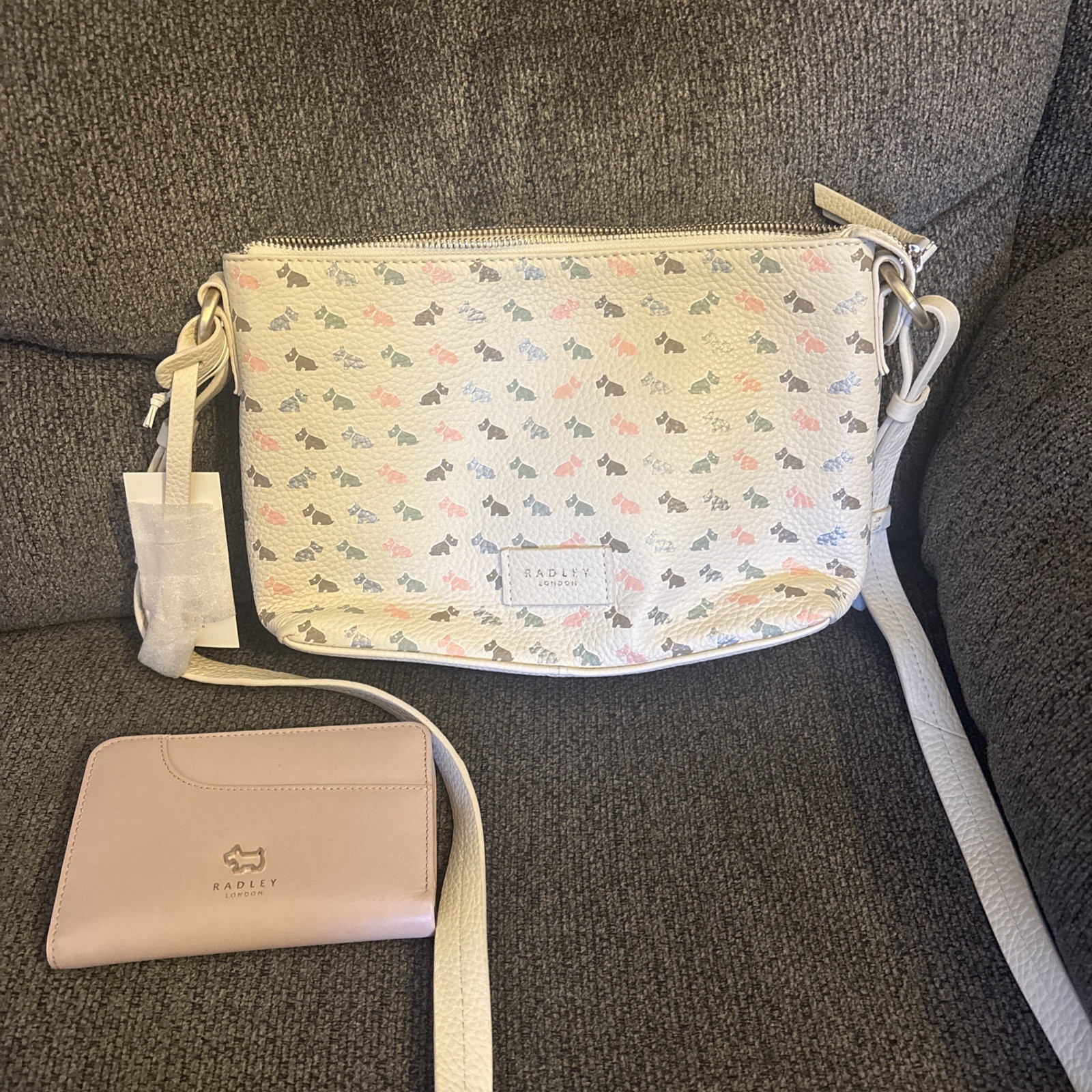 Radley London Scottie Dog Cream Rose Grey Purse Leather Crossbody Scottie Charm