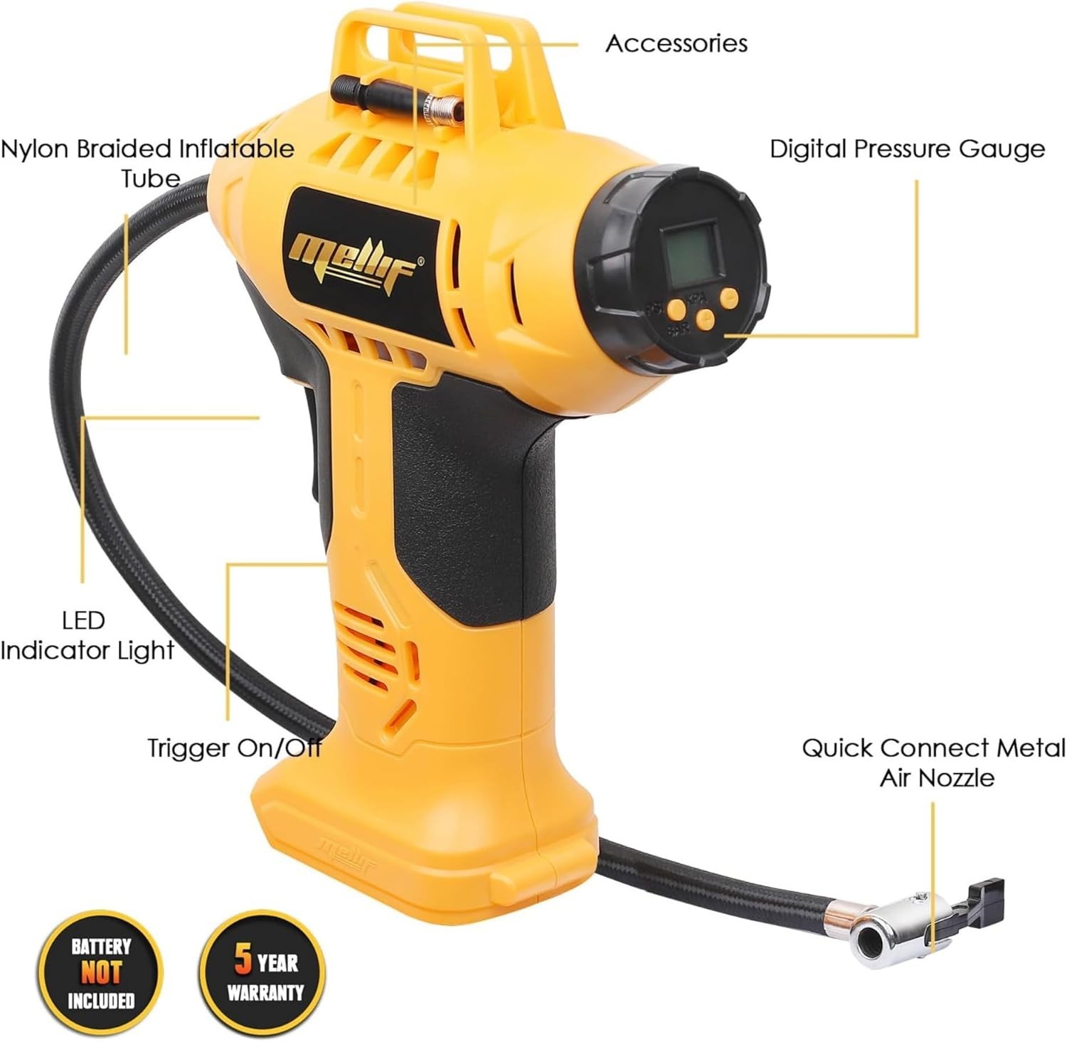 Cordless Tire Inflator Portable Air Compressor Tire Pump for Dewalt 20V Battery