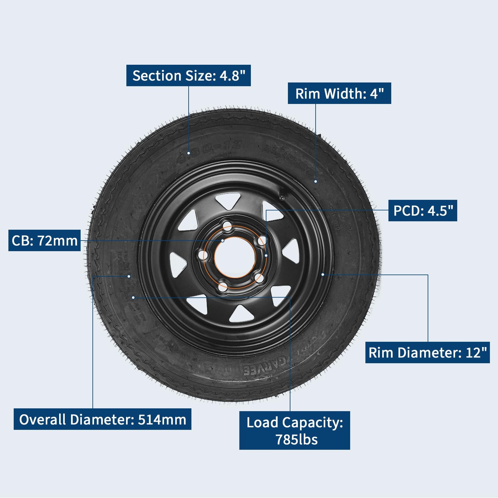 2-Pack Trailer Tire On Rim 4.80-12 480-12 4.80x12 5 Lug on 4.5" PCD 12 in Wheel