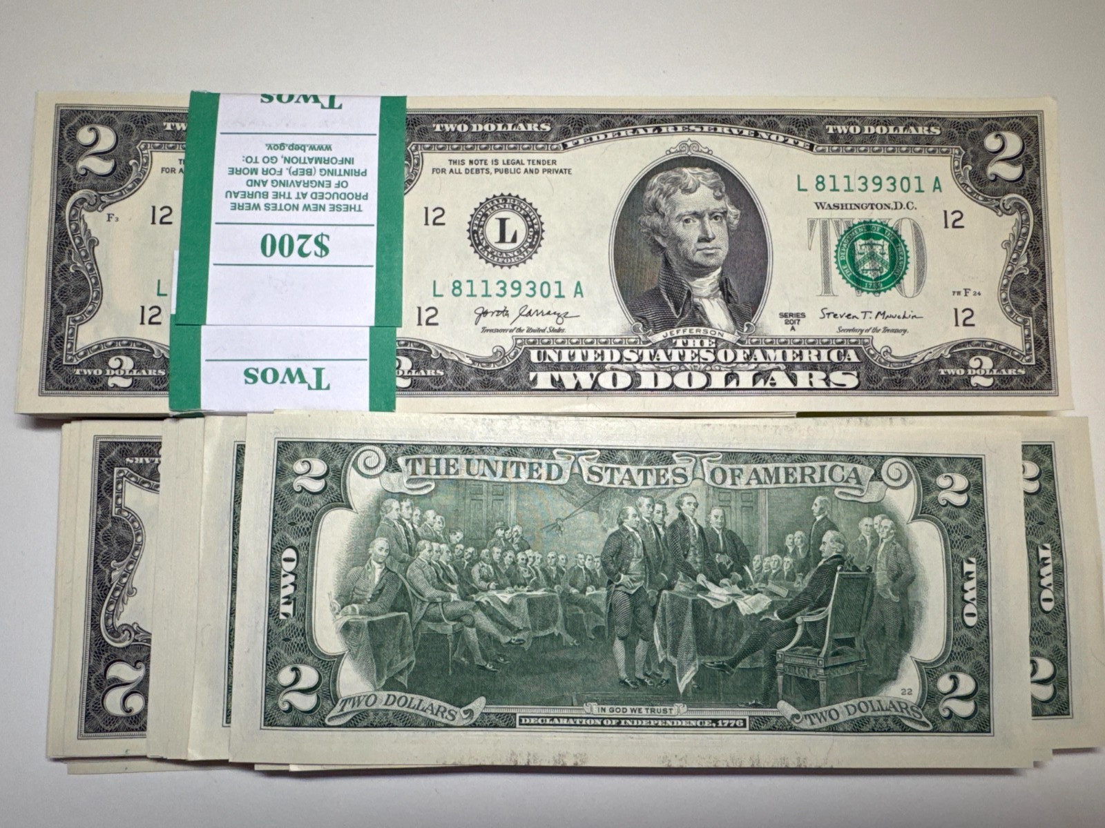 🇺🇸 Pack of 5 NEW UNC $2 Bills 2017 A Consecutive Serials Two Dollar REAL CASH