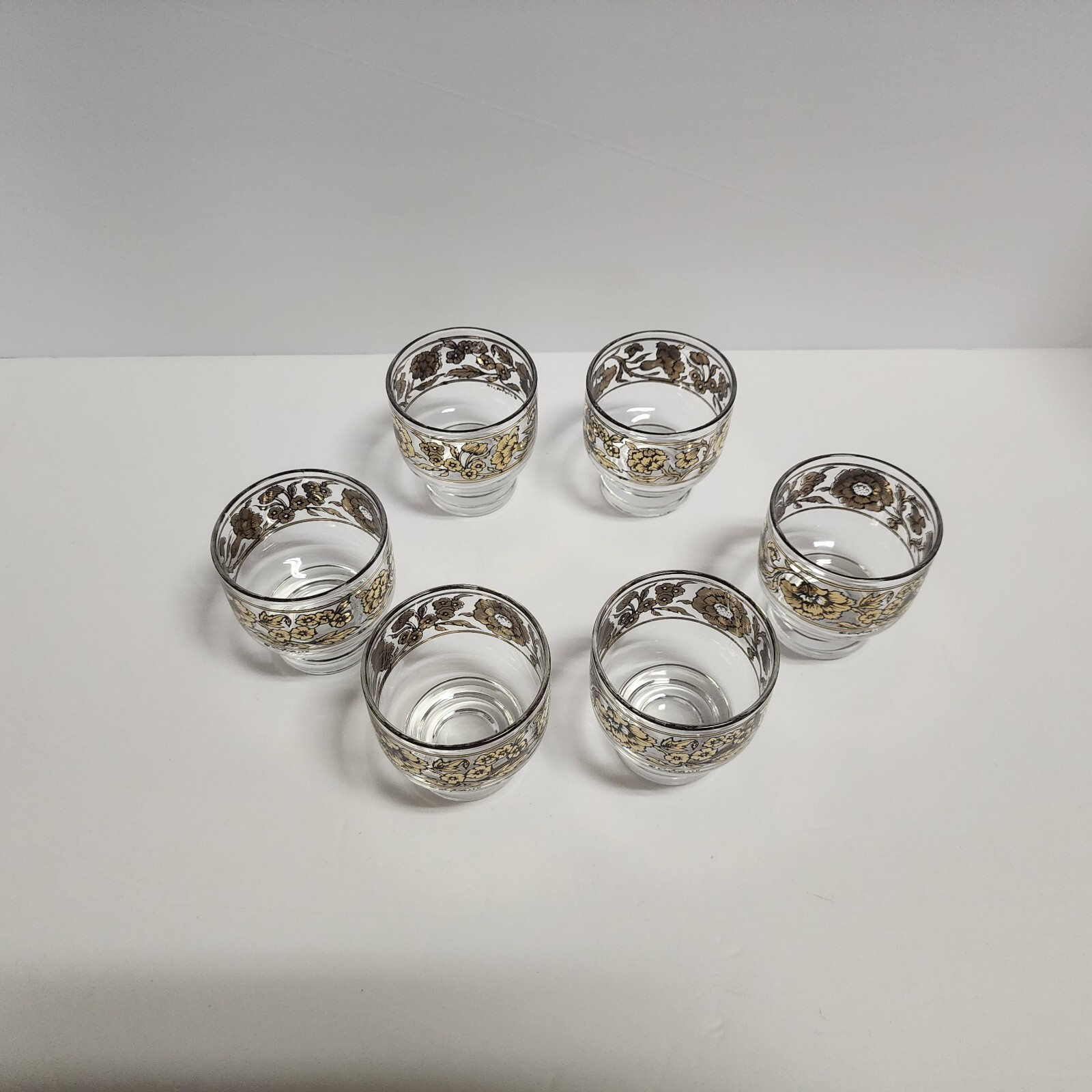 6 Early Culver Gold and Black Rare Chantilly Pattern Footed Cocktail Glasses 50s